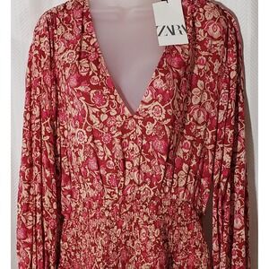 Zara Women's Floral Ruffled Print Dress Size L Red, Pink, Gold Valentine's Day
